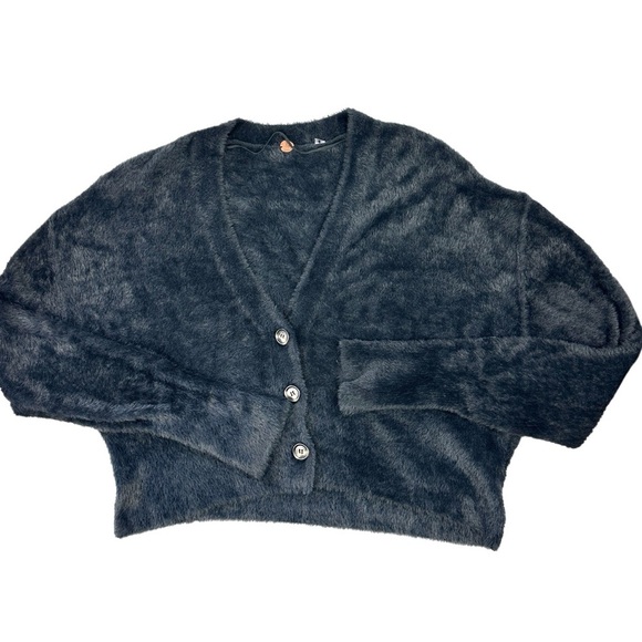 Free People One Fuzzy Crop Cardigan Sweater Navy/Charcoal Blend Small Oversize - Picture 2 of 8